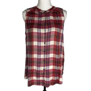 Lucky‎ Brand Colorful Plaid Sleeveless Buttondown Tunic Top, Red Pink White M